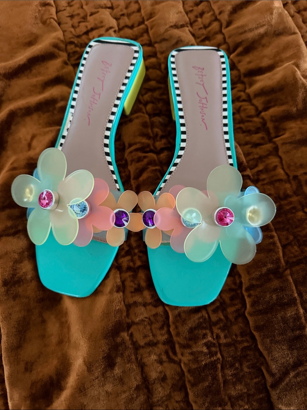 Betsey Johnson Turquoise Floral Jewel Slide Sandals